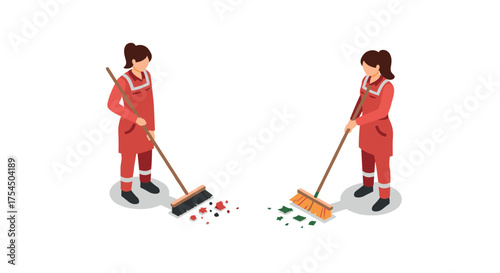 Isometric women sweeping with brooms on white background