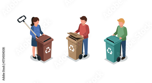 Isometric people sorting recycling bins ecofriendly waste management concept