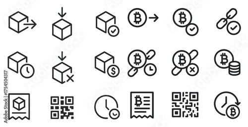Blockchain and cryptocurrency outline icons set – linear, digital, fintech symbols