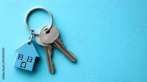 Keys with a charming house keychain represent homeownership, security, and the exciting prospect of moving into a new residence.