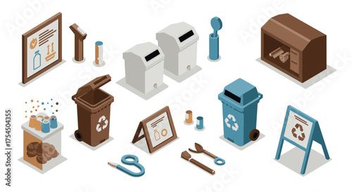 Isometric recycling bins and ecofriendly waste management icons set