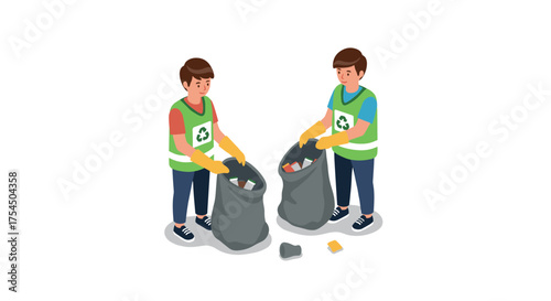 Isometric kids recycling teamwork in waste management