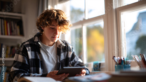 Focused teen student using tablet for online learning at home during daytime, bathed in sunlight - ideal for education, lifestyle, and technology themes