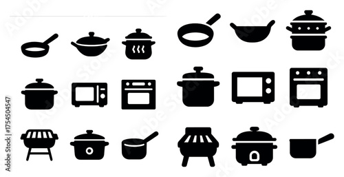 Kitchen appliances solid icons set – cooking, home, cookware symbols