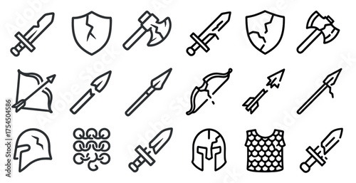Medieval weapons and armor icons set – outline, linear, ancient battle symbols