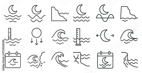 Tide and weather line icons set – outline, linear, ocean and forecast symbols