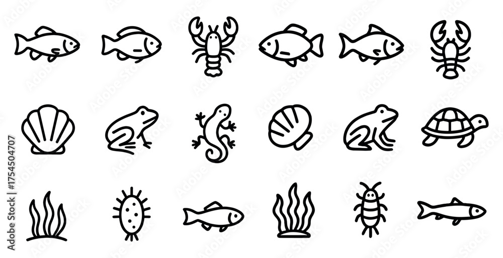 Fototapeta premium Marine and aquatic line icons set – outline, linear, sea life and ocean symbols