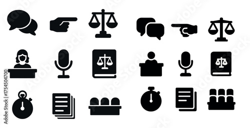Legal and communication solid icons set – filled, courtroom, justice symbols