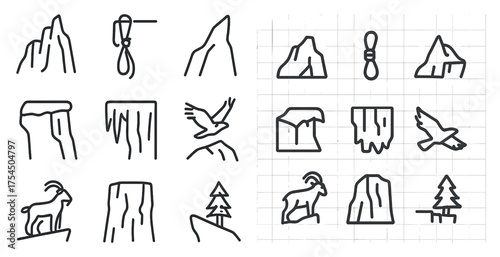 Rock climbing line icons set – minimalist, outline, adventure and mountaineering symbols