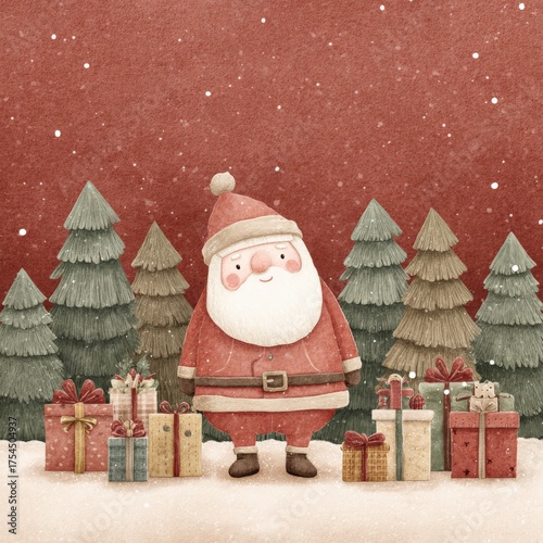 Whimsical Christmas Illustration: Santa Claus with Presents in Snowy Pine Forest, Perfect for Holiday Greetings