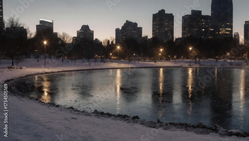 Icy pond reflects city lights at dusk in Central Park.