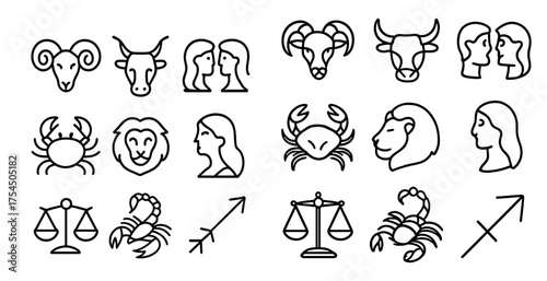 Zodiac outline icons set – linear, horoscope, astrology symbols and signs