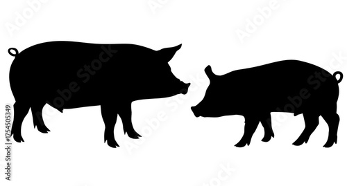Two black silhouettes of pigs, one large and one small, depicted on a white background
