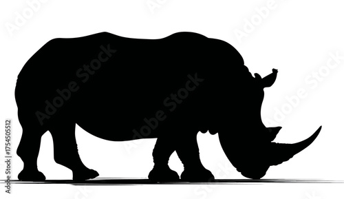A black silhouette of a rhinoceros eating, in profile. The image is set against a white backdrop