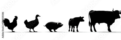 A silhouetted image displaying five farm animals of varying sizes against a blank white background