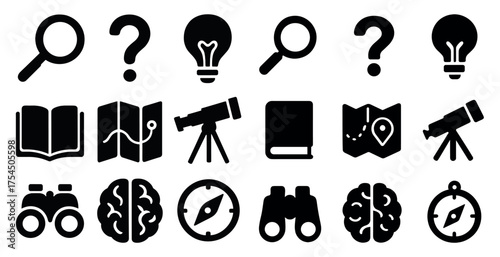 Science and exploration solid icons set – silhouette, filled, discovery symbols
