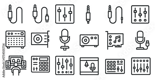 Audio equipment outline icons set – line, sound, mixer and microphone symbols