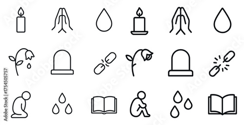 Memorial and mourning outline icons set – linear, remembrance, grief symbols
