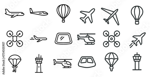 Air travel line icons set – outline, aviation, flight and transport symbols