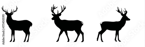 Three black deer silhouettes with antlers, facing different directions, isolated on a white background