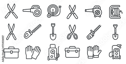 Gardening tools outline icons set – line, vector, horticulture and landscaping symbols