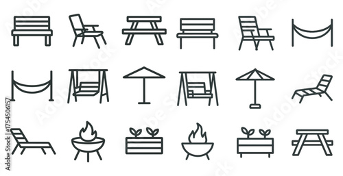 Outdoor furniture line icons set – outline, patio, garden, seating designs