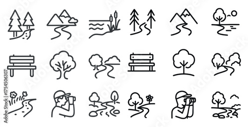 Nature and outdoor line icons set – outline, adventure, hiking graphics