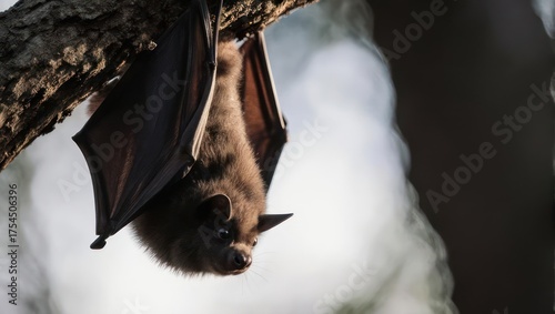 Hanging bat in a tree, wings spread, close-up wildlife shot.