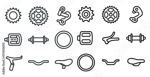 Cycling bicycle outline icons set – line, gear, bike parts and components symbols