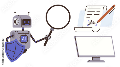 AI robot with magnifying glass and shield, document validation with pen writing, and computer monitor. Ideal for AI, technology, innovation, data security, digital workflow, verification research