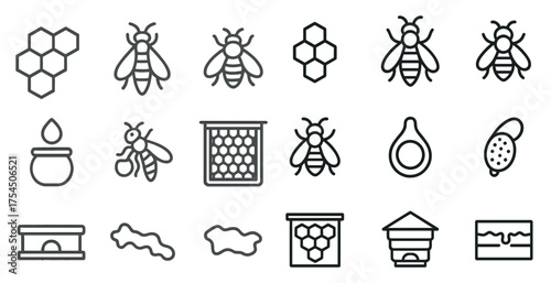 Beekeeping outline icons set – honey, apiary, bee symbols for agriculture