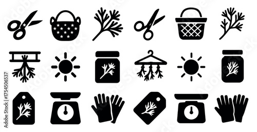 Herb drying silhouette icons set – solid, outline, kitchen and diy symbols