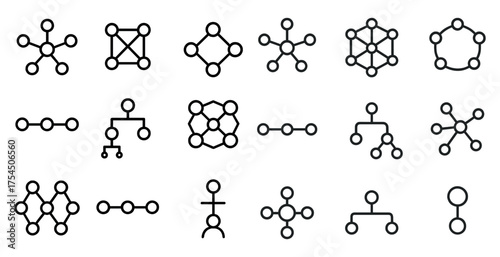 Connection diagram outline icons set – linear, network, structure symbols