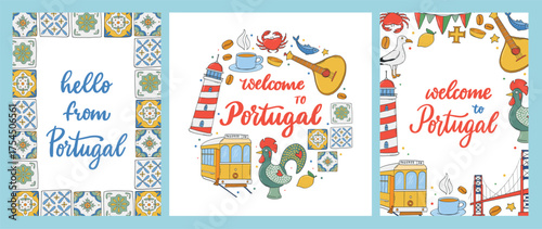 Portugal cards, posters, banners, prints decorated with doodles and lettering quotes. EPS 10