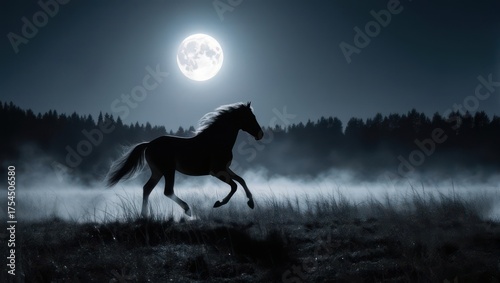 Horse galloping under the moonlight in a misty field.
