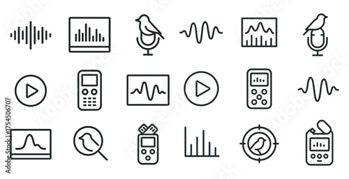 Audio and sound line icons set – outline, linear, wave and music symbols