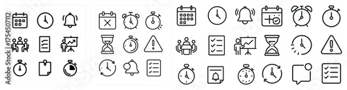 Time management outline icons set – line, vector, productivity and schedule symbols