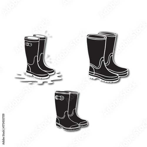 Pair of black rubber rain boots or gardening wellingtons illustration