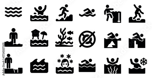 Water sports solid icons set – recreation, swimming, and aquatic adventure graphics