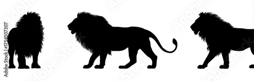 Three black lion silhouettes displayed against a white background. Each facing a different direction