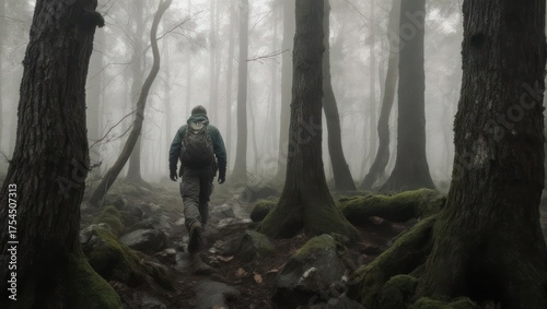 Hiker treks through a misty, moss-covered forest, trees framing the path