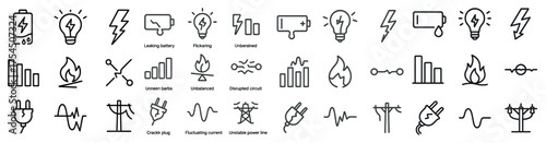 Electrical safety outline icons set – linear, solid, power and hazard symbols