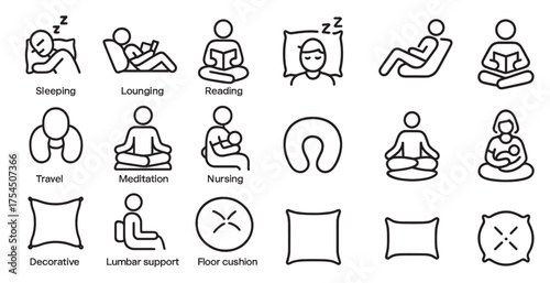 Relaxation and comfort line icons set – meditation, lounging, reading symbols