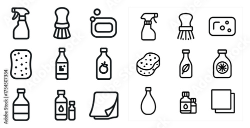 Cleaning and hygiene icons set – outline, linear, sanitation and household essentials