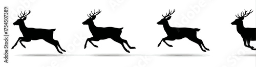 A sequence of four black silhouettes of deer in mid-leap, showcasing movement against a white background
