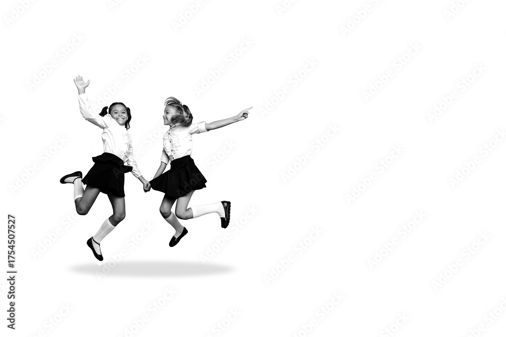 Fototapeta premium Composite photo collage of happy blonde brunette schoolgirls jump education wear uniform classmates isolated on painted background