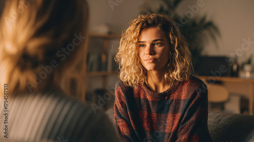Thoughtful young woman with curly hair listens intently during a therapy session, seeking guidance and support in a cozy and comforting home environment