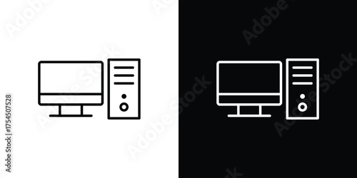 Desktop computer icon in black line illustration. Design logo for app, UI.