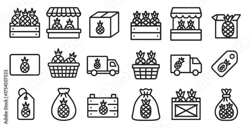 Pineapple outline icons set – line, linear, tropical and fruit design symbols