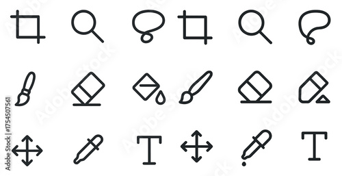 Graphic design tools outline icons set – creative, linear, art essentials